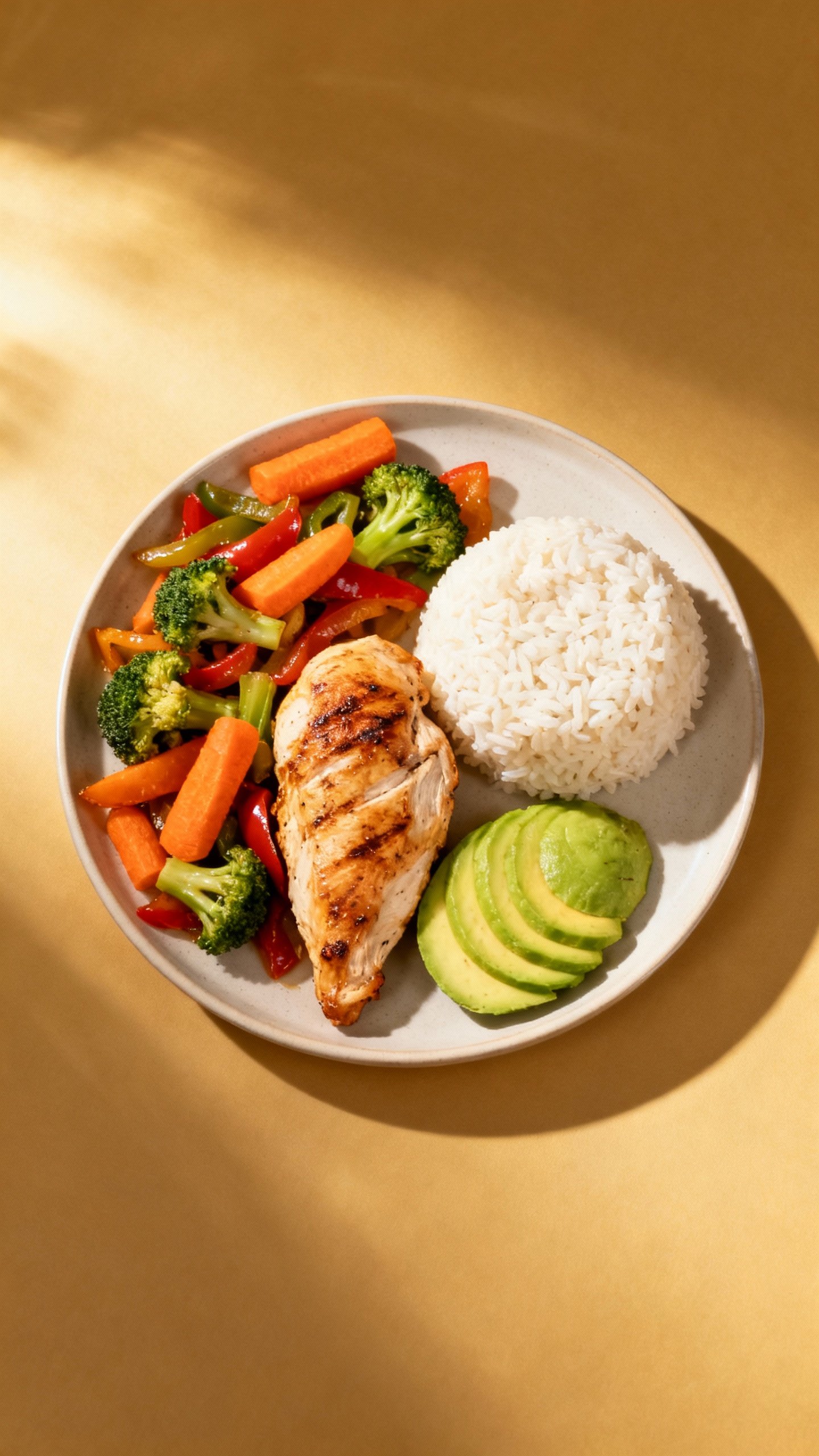 Top-down plate: half veggies, palm chicken, thumb avocado, fist rice