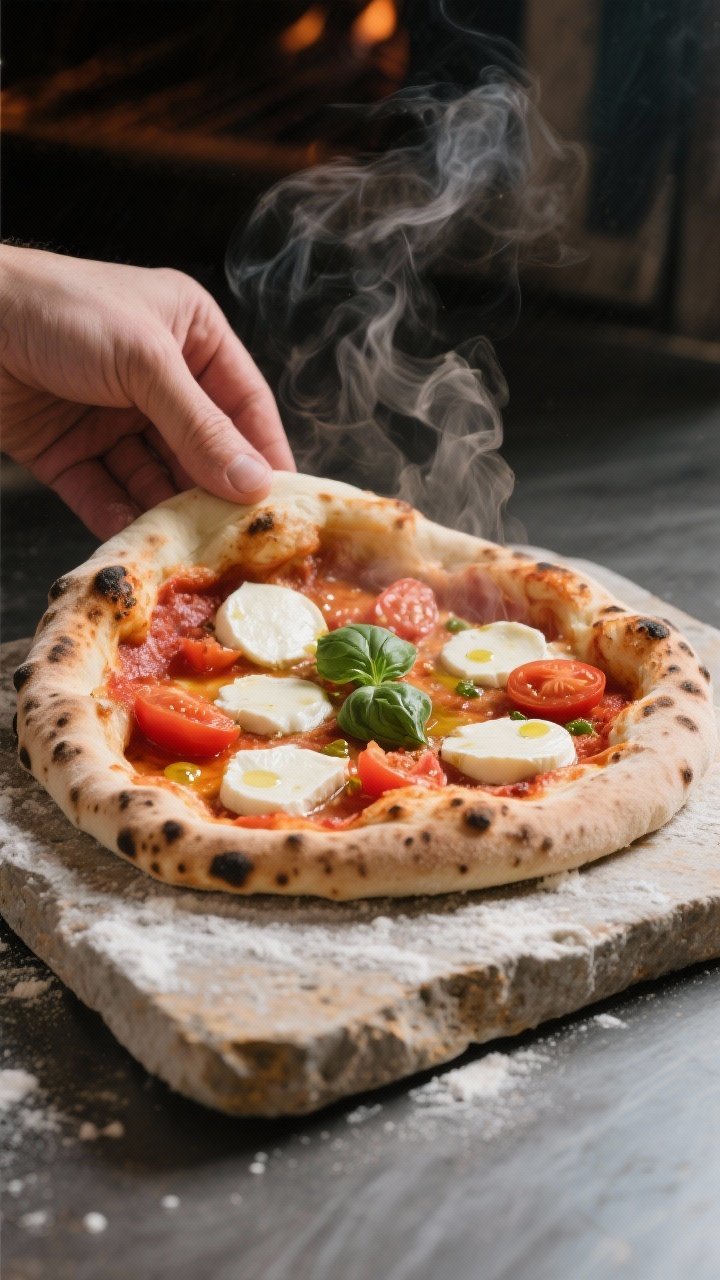45-degree angle process shot: A Neapolitan-style Margherita being slid onto a blazing-hot stone, showcasing an airy hand-stretched dough made from “00” flour (65% hydration: 500 g flour, 325 g water, 10 g salt, 1 g instant yeast), lightly dusted with flour; thin layer of peeled San Marzano tomatoes, scattered fresh mozzarella medallions, a few basil leaves, and tiny droplets of olive oil; the oven heat creating puffy cornicione with early leopard-spot charring, steam visible, minimalist background to highlight the artisan look.
