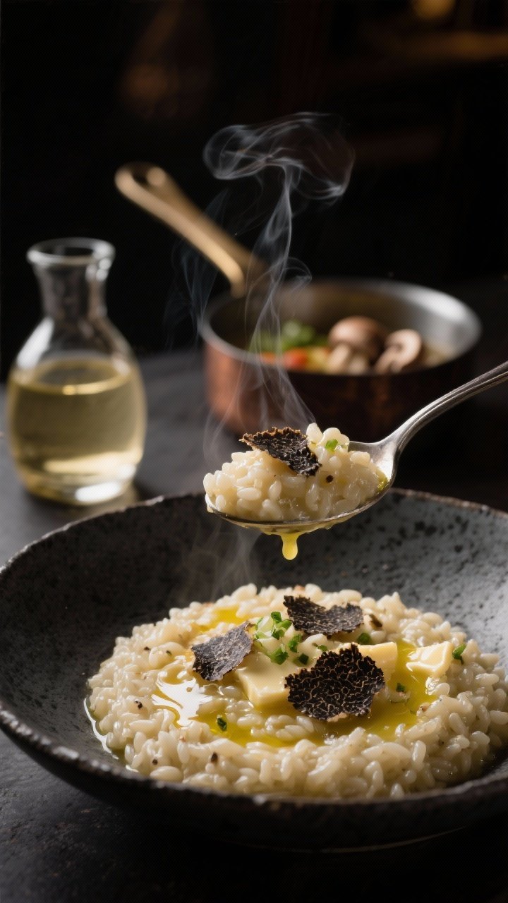 45-degree angle, romantic low-light close-up of truffle-laced four-cheese risotto spooned into a dark stoneware bowl; Carnaroli/Arborio rice glistening, a swirl from finishing butter, steam rising; delicate shavings of black truffle on top, a hint of minced shallot melt-in, and droplets of glossy olive oil; a small glass carafe of dry white wine and a saucepan of mushroom/vegetable stock softly blurred in the background; moody, date-night ambiance with deep shadows and tight depth of field that highlights the luscious, truffle-studded surface.