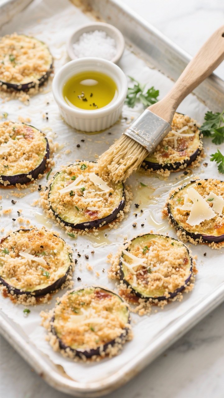 45-degree angle sheet-pan scene for Sheet-Pan Eggplant Parm: a rimmed baking sheet lined with parchment holding evenly spaced 1/2-inch eggplant rounds brushed with olive oil, topped with a crunchy mix of panko breadcrumbs, finely grated Parmesan, Italian seasoning, and a hint of black pepper; edges visibly crisping and golden. Include a ramekin of olive oil (show “divided” use with a brush), a pinch bowl of kosher salt, and scattered parsley. Clean, weeknight-easy mood, bright lighting, sharp focus on panko texture.