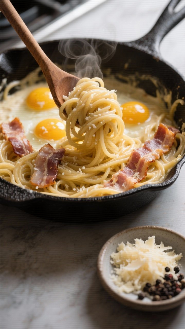 45-degree angle, weeknight carbonara in a skillet mid-toss: spaghetti/bucatini slicked with a creamy egg sauce made from 2 eggs + 1 yolk, ribbons of thick-cut bacon lardons glistening, half Pecorino Romano and half Parmesan freshly grated melting into the sauce; a wooden spoon lifting a twirl, steam visible; a small dish of extra grated cheese and a pinch of black pepper on the side; fast, cozy, weeknight vibe with warm kitchen light and a dark cast-iron pan providing contrast.