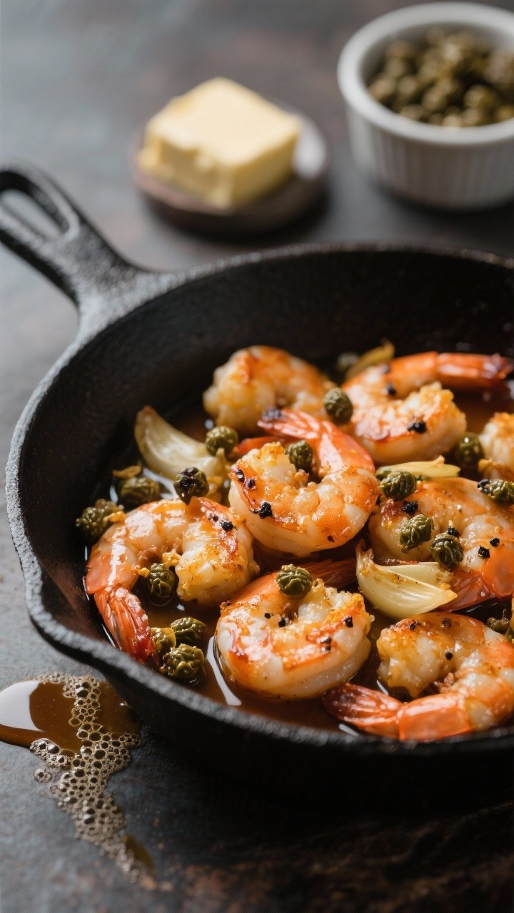 45-degree close-up of Brown Butter Shrimp Scampi with Crispy Capers in a black cast-iron pan: large shrimp bathed in nutty brown butter, browned milk solids visible, scattered golden, blistered capers, and flecks of black pepper. Glints of olive oil and ribbons of sautéed garlic hugging the shrimp. A small pool of foamy brown butter collects at the edge of the pan; moodier light to highlight caramel tones and crunchy caper texture, with a butter dish and a ramekin of capers in the background, softly blurred.