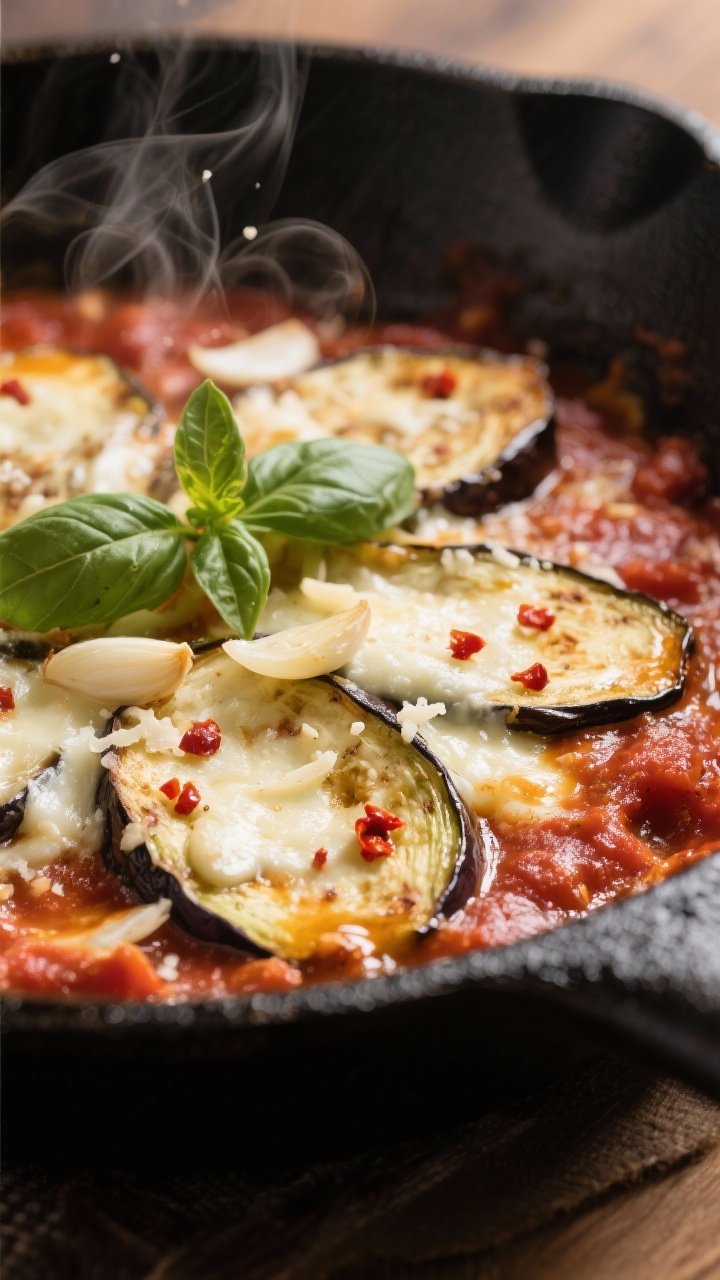 Close-up action shot of Skillet Eggplant Parm (no breadcrumbs): a black cast-iron skillet with sautéed half-moon eggplant glistening in olive oil, thinly sliced garlic and red pepper flakes blooming, all nestled in a vibrant marinara sauce with melting mozzarella and a sprinkle of Parmesan. Steam gently rising, glossy sauce clinging to tender eggplant, torn basil on top. Tight composition, shallow depth of field to highlight silky sauce and garlic slices, warm indoor light.