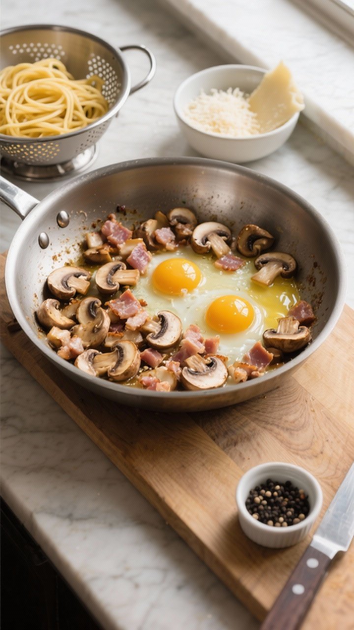 Ingredient-prep and early sauté overhead: sliced cremini/mixed mushrooms and diced guanciale or pancetta (optional) sizzling in a wide stainless pan, edges caramelizing; a separate bowl with the egg mixture (2 eggs + 2 yolks) and finely grated cheese nearby, plus a colander of dried spaghetti/fettuccine; earthy, umami-forward mood with browns and golds, mushrooms glistening with rendered fat; clean wooden board, knife, and a small ramekin of black pepper framing the scene; soft window light to accentuate texture.