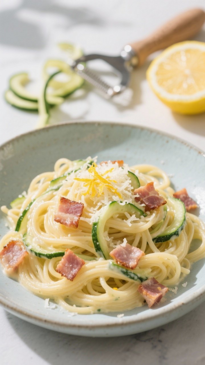 Light plated presentation at straight-on angle: twirls of spaghetti intertwined with delicate zucchini ribbons, punctuated by small cubes of crisped pancetta or turkey bacon; a luminous, lighter sauce from eggs (2 eggs + 1 yolk) and finely grated cheese (about 2/3 cup) clinging to the strands; fresh lemon zest sprinkled over top for brightness; served in a cool-toned ceramic bowl with a lemon half and a peeler holding extra zucchini ribbons in the background; airy, fresh styling with bright daylight to convey a lighter carbonara.