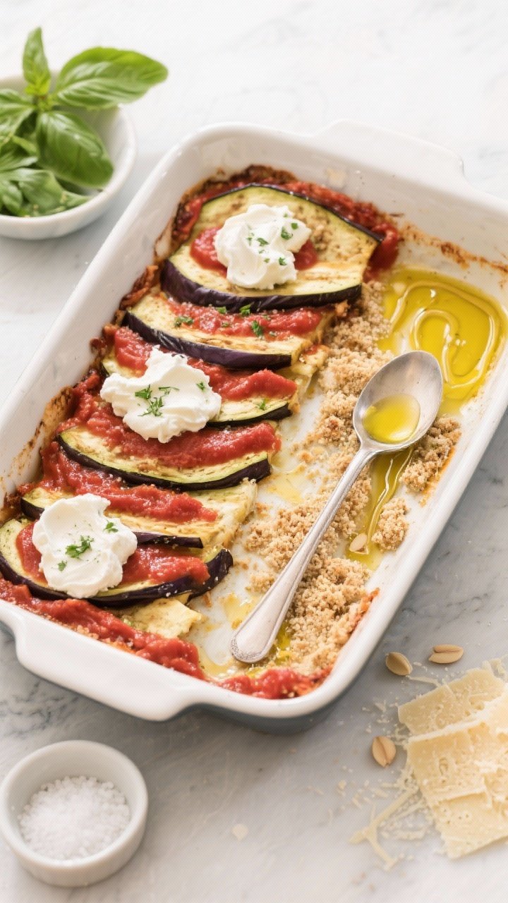 Overhead ingredient-to-assembly shot for Lighter, Gluten-Free Eggplant Parm Bake with Ricotta Clouds: a rectangular baking dish with lengthwise eggplant planks (1/3–1/2 inch) arranged in neat layers, spoonfuls of whole-milk ricotta mixed with egg and herbs dolloped like “clouds,” pools of bright marinara, and a sprinkle of gluten-free breadcrumbs or almond meal alongside grated Parmesan. Olive oil drizzled in thin lines, kosher salt pinch bowls nearby. Fresh basil leaves ready to finish. Clean, healthful vibe, airy daylight, emphasis on contrast between creamy ricotta, red sauce, and tender eggplant planks.