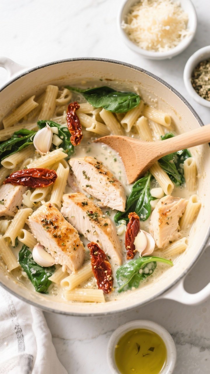 Overhead one-pot process shot of One-Pot Creamy Tuscan Chicken Pasta: Dutch oven filled with short pasta and bite-size 1-inch pieces of seared chicken breast/tenders seasoned with kosher salt, black pepper, and Italian seasoning; minced garlic glistening in olive oil, sun-dried tomato strips and baby spinach scattered in; creamy broth just beginning to emulsify, bubbles forming; wooden spoon resting across the pot; ingredients neatly staged around—small bowls of grated Parmesan and extra Italian seasoning; bright, clean kitchen light for a vibrant, weeknight-casual feel.