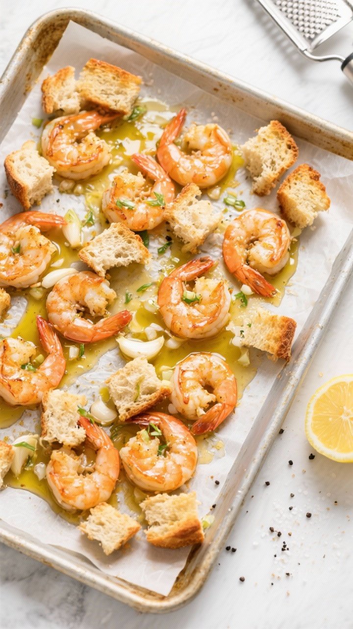 Overhead sheet-pan scene of Sheet-Pan Shrimp Scampi with Garlic Bread Croutons: a rimmed baking sheet loaded with large shrimp, torn crusty bread pieces toasted into croutons, and glossy pools of melted butter mixed with olive oil. Minced garlic and lemon zest visibly clinging to shrimp and bread, with edges of the croutons deeply golden and crunchy. Sprinkles of kosher salt and cracked pepper across the pan; set on a parchment-lined tray with a zester and lemon nearby, bright oven-fresh lighting for crisp detail.