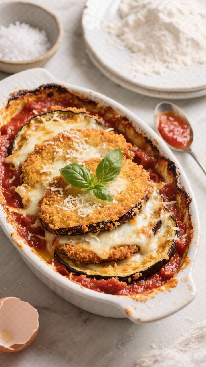 Overhead shot of Classic Crispy Eggplant Parmesan fresh from the oven: golden breaded 1/2-inch eggplant rounds layered with rich red marinara sauce, melted mozzarella and grated Parmesan bubbling with browned edges, visible dredging texture from flour and beaten eggs, garnished with fresh basil leaves on a white oval baking dish. Surrounding props: a small bowl of kosher salt used for sweating, a plate dusted with all-purpose flour, a cracked egg shell, and a spoon with marinara; warm, rustic Italian kitchen vibe, natural window light, high contrast to emphasize crisp crust and gooey cheese.