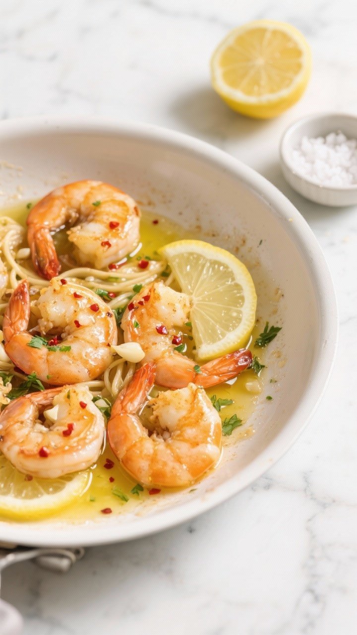 Overhead shot of Classic Lemon-Garlic Shrimp Scampi in a shallow white skillet: large shrimp glistening in extra-virgin olive oil with melted butter sheen, visible minced garlic, thin lemon slices and zest, parsley sprinkle, and a light shimmer of pan sauce. Garnish with red pepper flakes to taste, kosher salt crystals, and freshly ground black pepper. Set on a bright marble surface with a lemon half and a small bowl of flaky salt nearby; warm, crisp lighting to emphasize the golden edges of the shrimp and the glossy sauce.