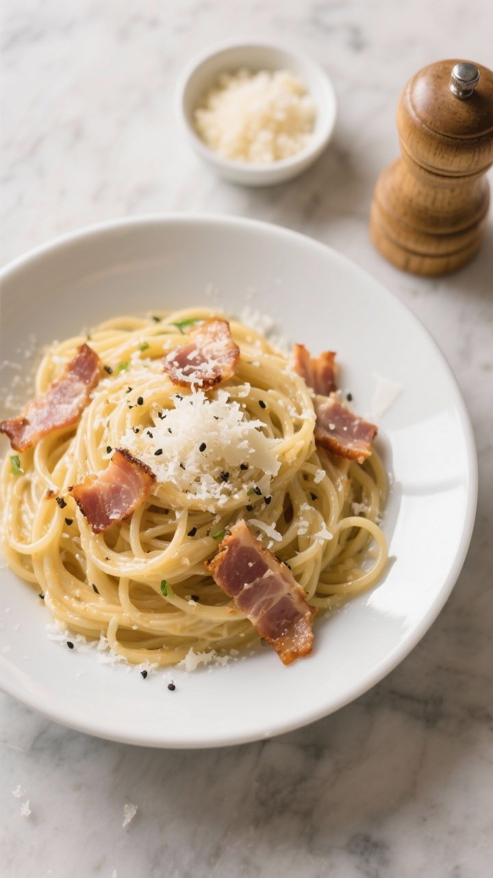 Overhead shot of Roman-style spaghetti carbonara plated in a shallow white bowl: glossy strands of spaghetti coated in silky egg-and-Pecorino Romano emulsion, crisp guanciale batons scattered throughout, a snowfall of finely grated Pecorino Romano on top, and a generous sprinkle of freshly cracked black pepper; minimal styling with a small bowl of grated Pecorino and a pepper mill on a cool marble surface; warm, natural side light emphasizing the sheen of the sauce and the browned edges of guanciale, no parsley, pure Roman restraint.