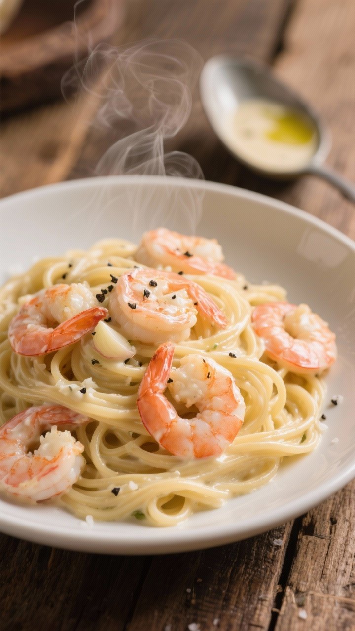 Plated presentation of Creamy Shrimp Scampi Linguine for Cozy Nights at a 45-degree angle: twirls of glossy linguine coated in a silky cream-butter-garlic sauce, large pink shrimp nestled throughout, steam rising gently. Visible minced garlic, black pepper specks, and a finish of kosher salt and a touch of olive oil shine. Served in a wide-rimmed ivory bowl on a rustic wood table with a ladle of sauce in the background; warm, comforting lighting to amplify the creamy texture and tender shrimp.