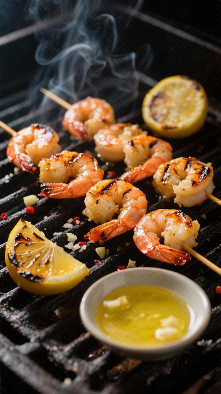 Straight-on grill-side shot of Grilled Shrimp Scampi Skewers with Charred Lemon: skewers threaded with large shrimp brushed in melted butter, olive oil, grated garlic, kosher salt, black pepper, and a hint of red pepper flakes, showing defined grill marks. Halved lemons charred and caramelized alongside, ready to squeeze. The skewers rest over a dark grill grate with faint rising smoke; dramatic side lighting to accentuate char, glossy glaze, and vibrant citrus, with a small dish of melted butter-garlic baste in the foreground.