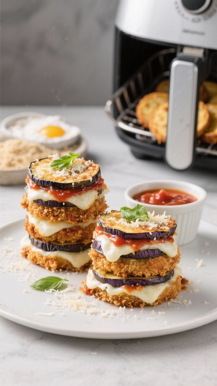 Straight-on plated stack for Air Fryer Eggplant Parmesan Stacks: tall, neatly layered stacks of air-fried 1/2-inch eggplant rounds with ultra-crispy panko-Parmesan-garlic coating, brushed with marinara between layers, melted mozzarella cascading slightly, final dusting of grated Parmesan and basil chiffonade. Place two stacks on a matte white plate with a ramekin of extra marinara. In background, an air fryer basket with a few golden rounds and a breading station hint (flour, beaten eggs with water, panko mix). Crisp, modern look, bright side light to emphasize crunch.