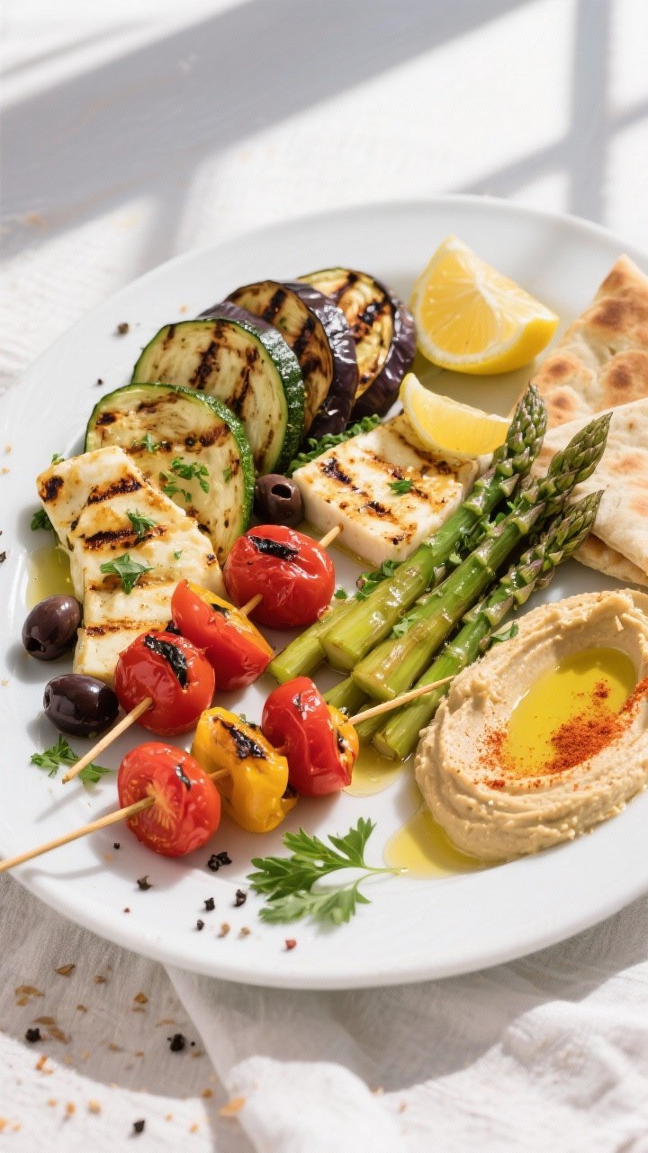 Beautifully arranged final Mediterranean grilled vegetable platter, top-down: fanned eggplant and zu
