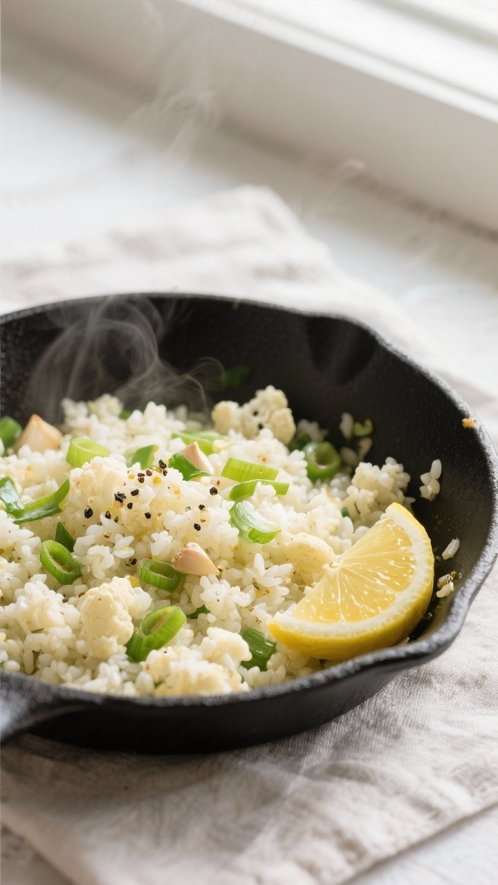 Cauliflower rice base with aromatics — pan shot: Overhead shot of cooked cauliflower rice sautéed