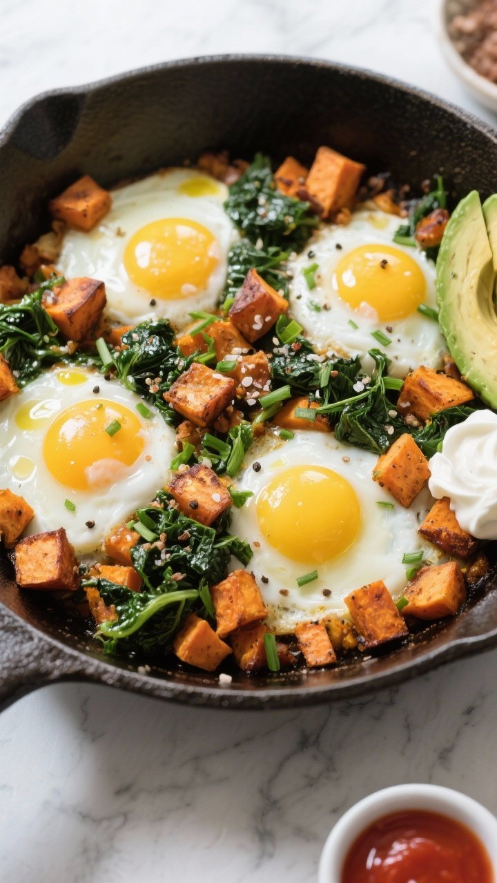 Close, top-down final presentation of Sweet Potato and Kale Skillet Hash with eggs: four just-set eg