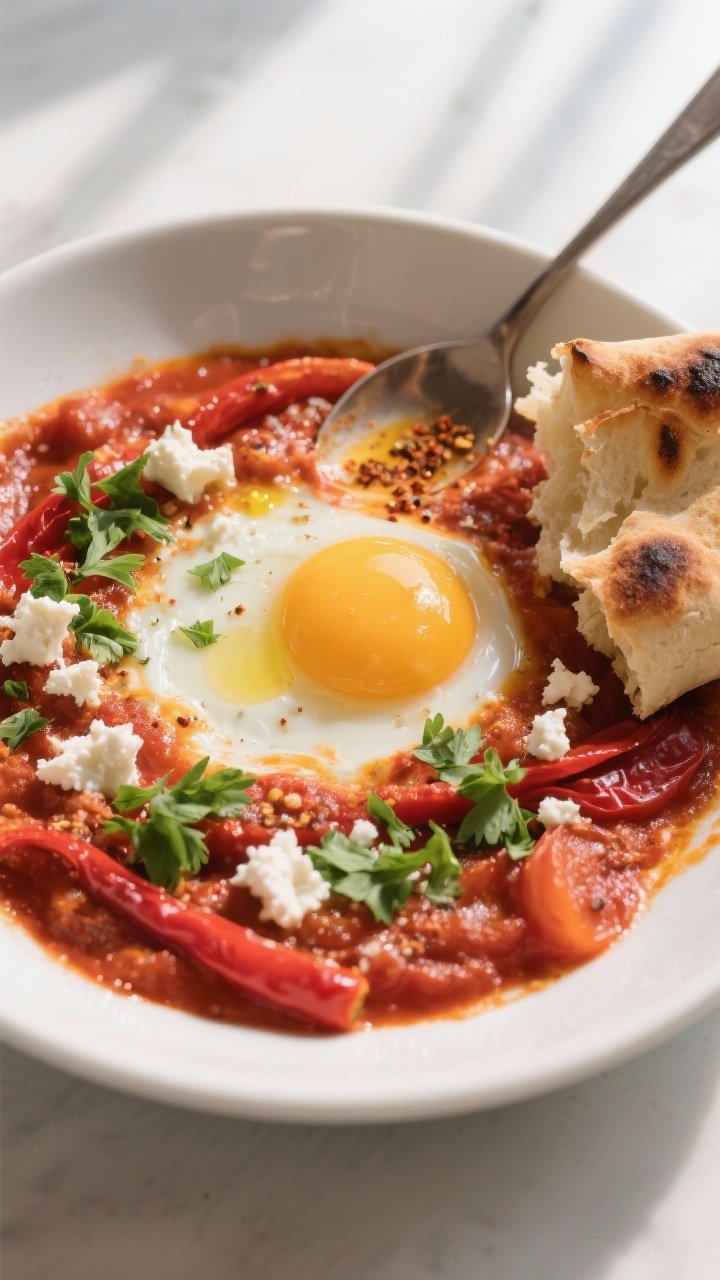Close-up, 45-degree plated final dish: a portion of red pepper & tomato shakshuka spooned into a sha