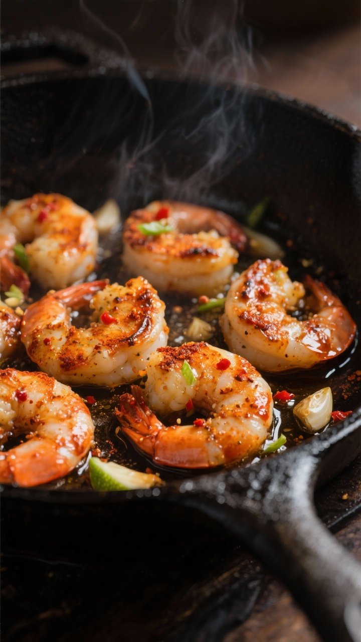 Close-up action shot: Searing spicy shrimp in a black cast-iron skillet, shrimp coated in a glossy s
