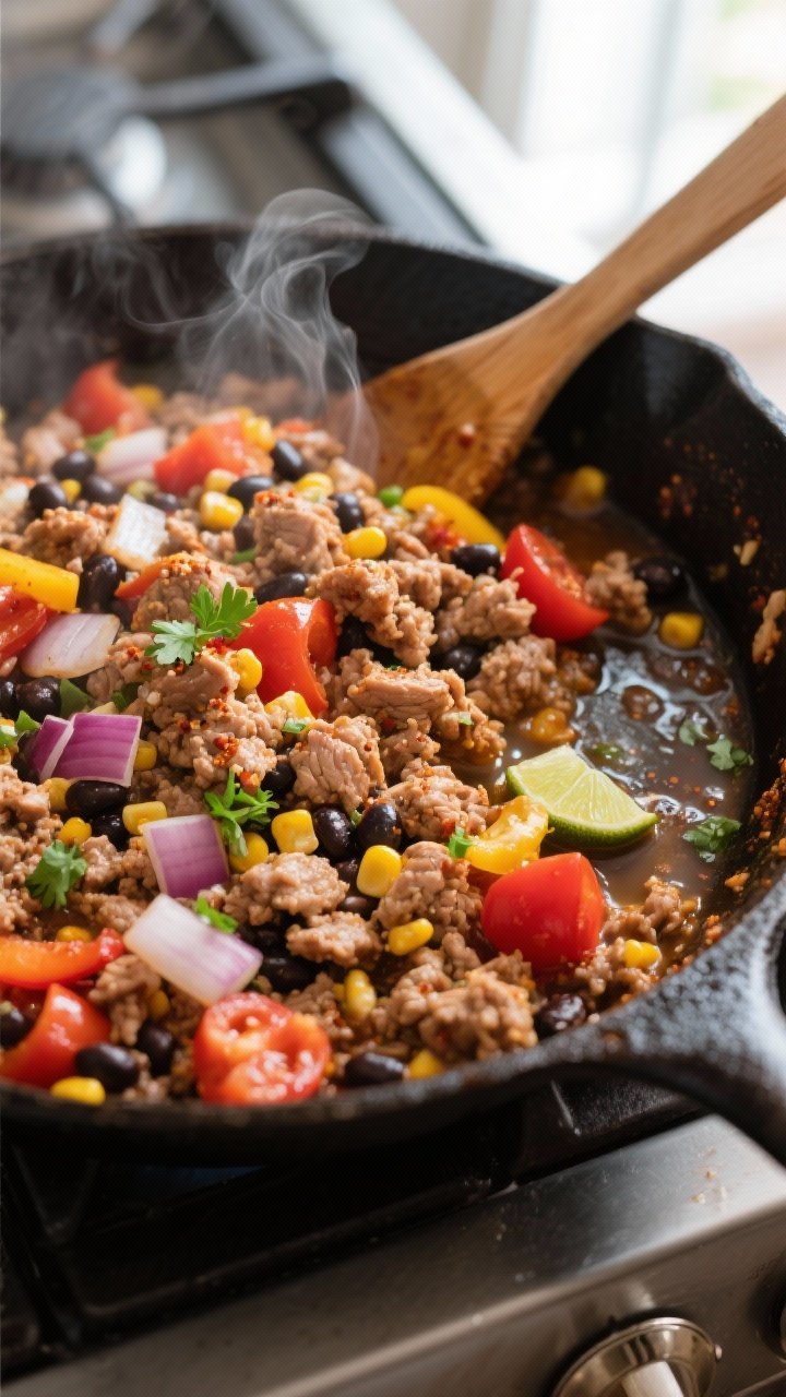 Close-up cooking process: Juicy ground turkey taco mixture sizzling in a cast-iron skillet, turkey b