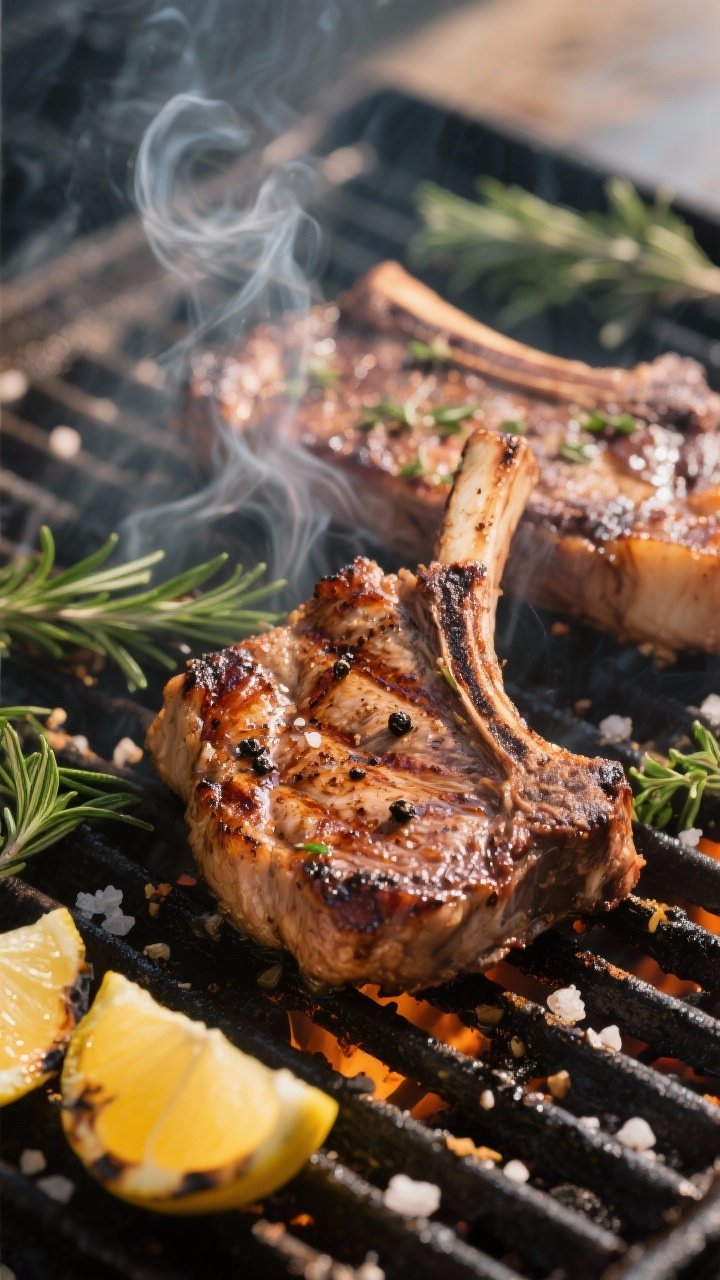 Close-up cooking process: Lamb rib chops sizzling on hot grill grates at medium-high heat, deep cara