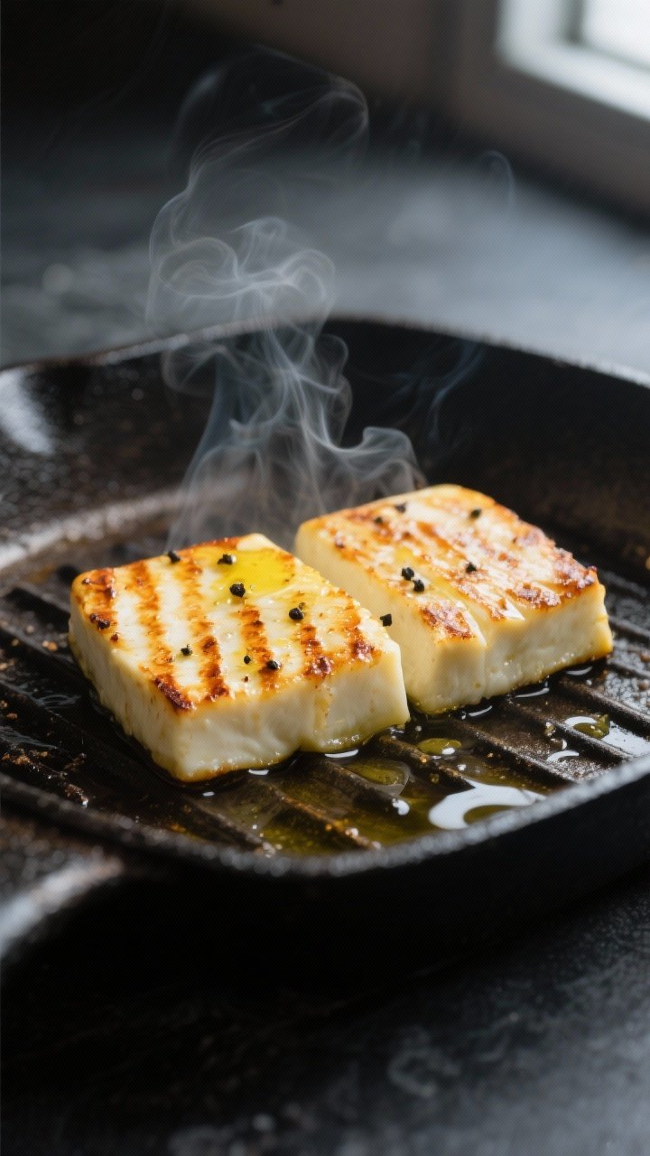 Close-up cooking process: Sliced halloumi searing on a hot cast-iron grill pan, golden-brown grill m
