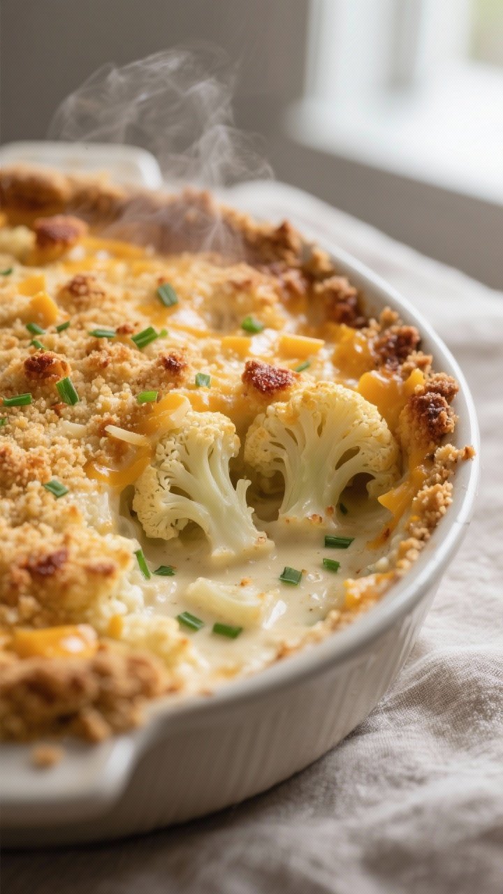 Close-up detail: A bubbling cheesy cauliflower casserole just out of the oven, tight macro on the go