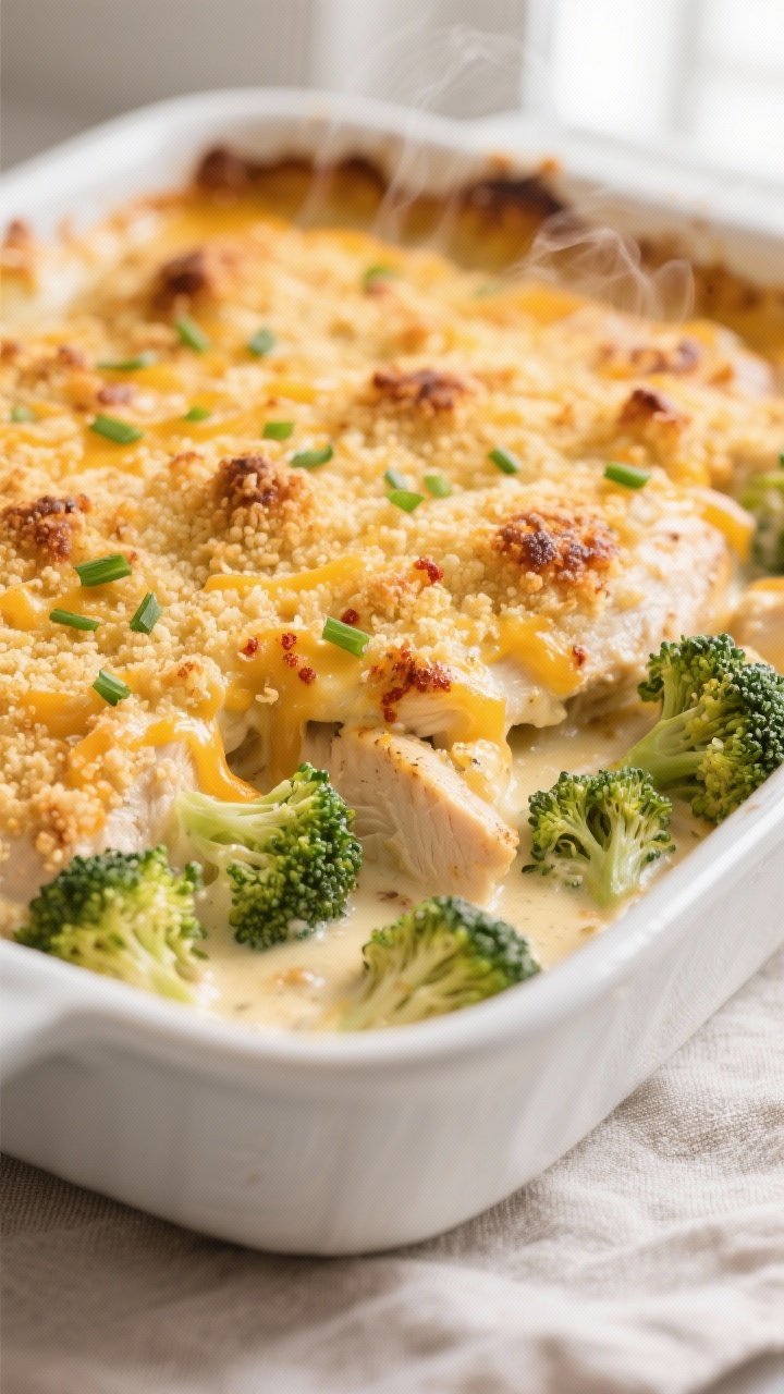 Close-up detail: A bubbling Creamy Broccoli Cheddar Chicken Bake just out of the oven, shot at a 45-