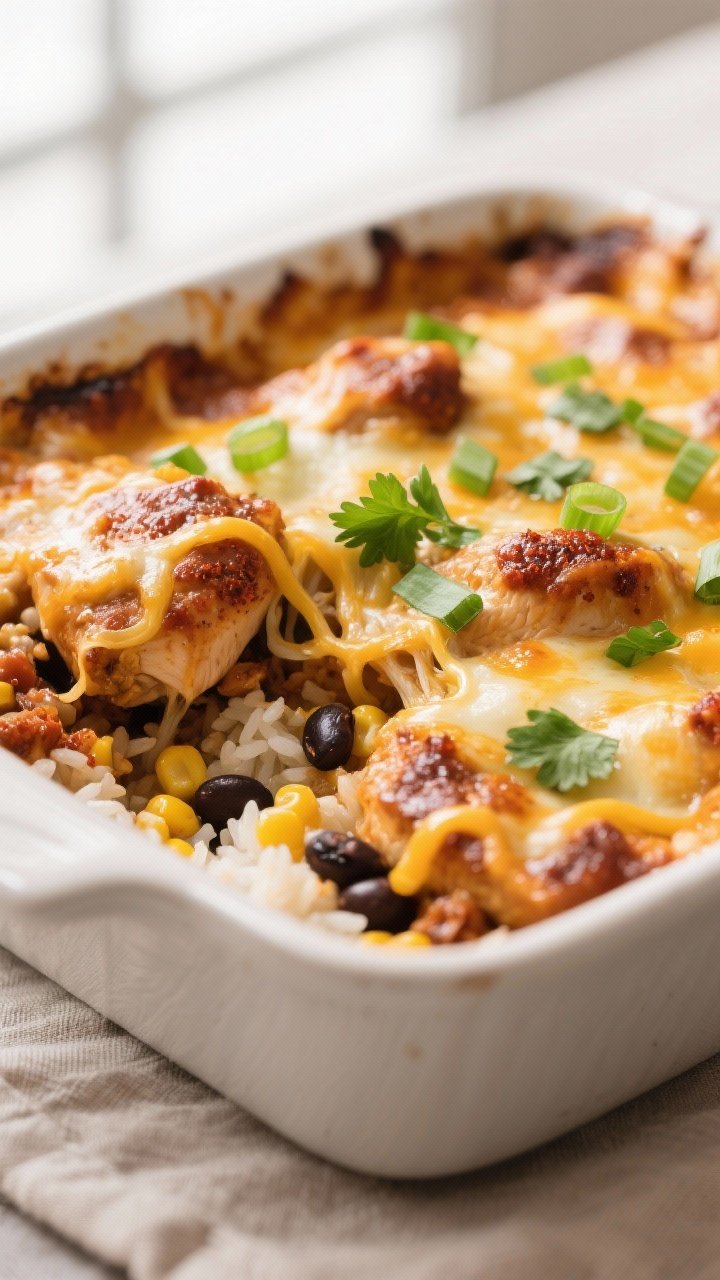 Close-up detail: A bubbly BBQ chicken casserole just out of the oven, cheese melted and lightly gold