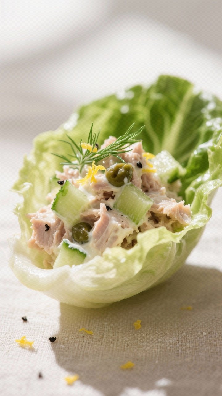 Close-up detail: A chilled butter lettuce cup filled with creamy tuna salad, showing flaked albacore