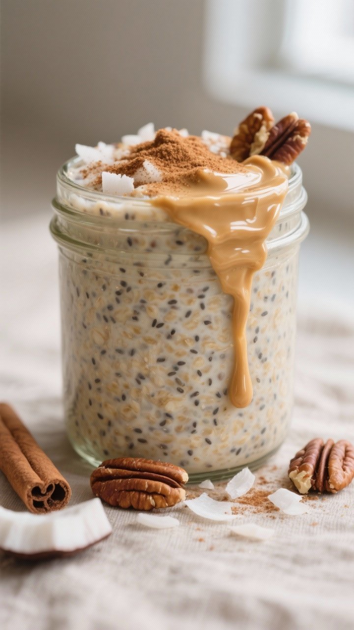 Close-up detail: A chilled jar of cinnamon protein overnight oats just after the morning stir, ultra