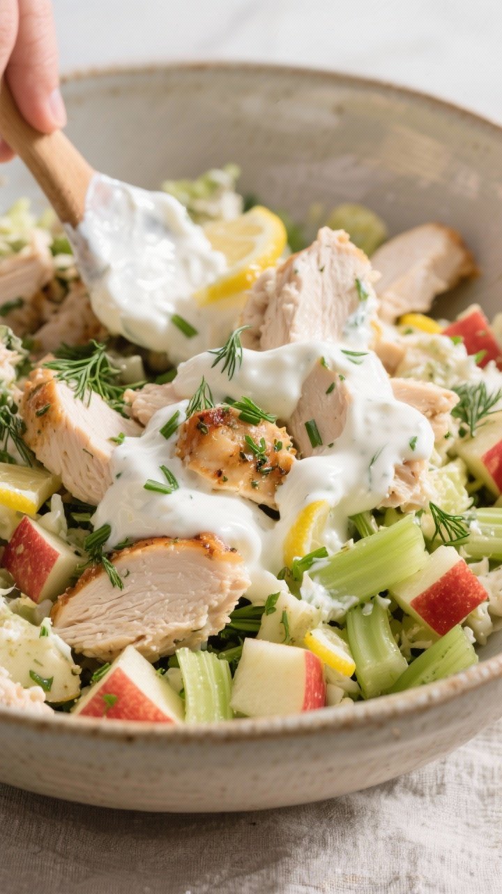 Close-up detail: A creamy Greek yogurt chicken salad being folded together in a large ceramic bowl, 