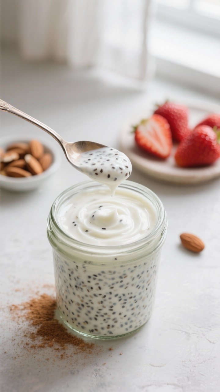 Close-up detail: A glass jar of prepared Greek yogurt-chia mixture being spooned in as the first lay