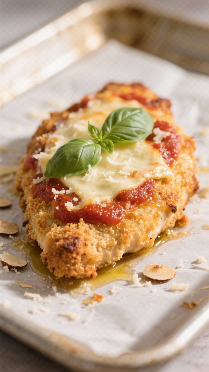 Close-up detail: A golden, baked Chicken Parmesan breast fresh from the oven, coated in a crispy alm