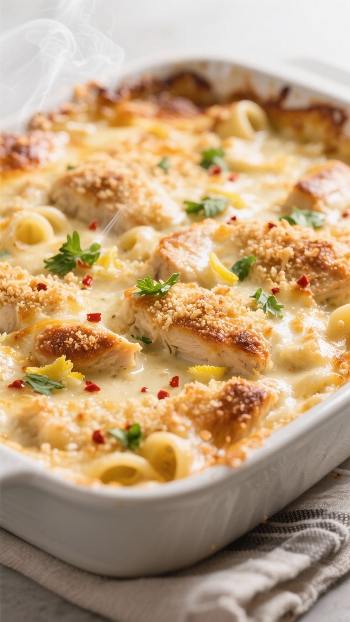 Close-up detail: A golden, bubbly Chicken Alfredo Bake just out of the oven, tight macro on the brow