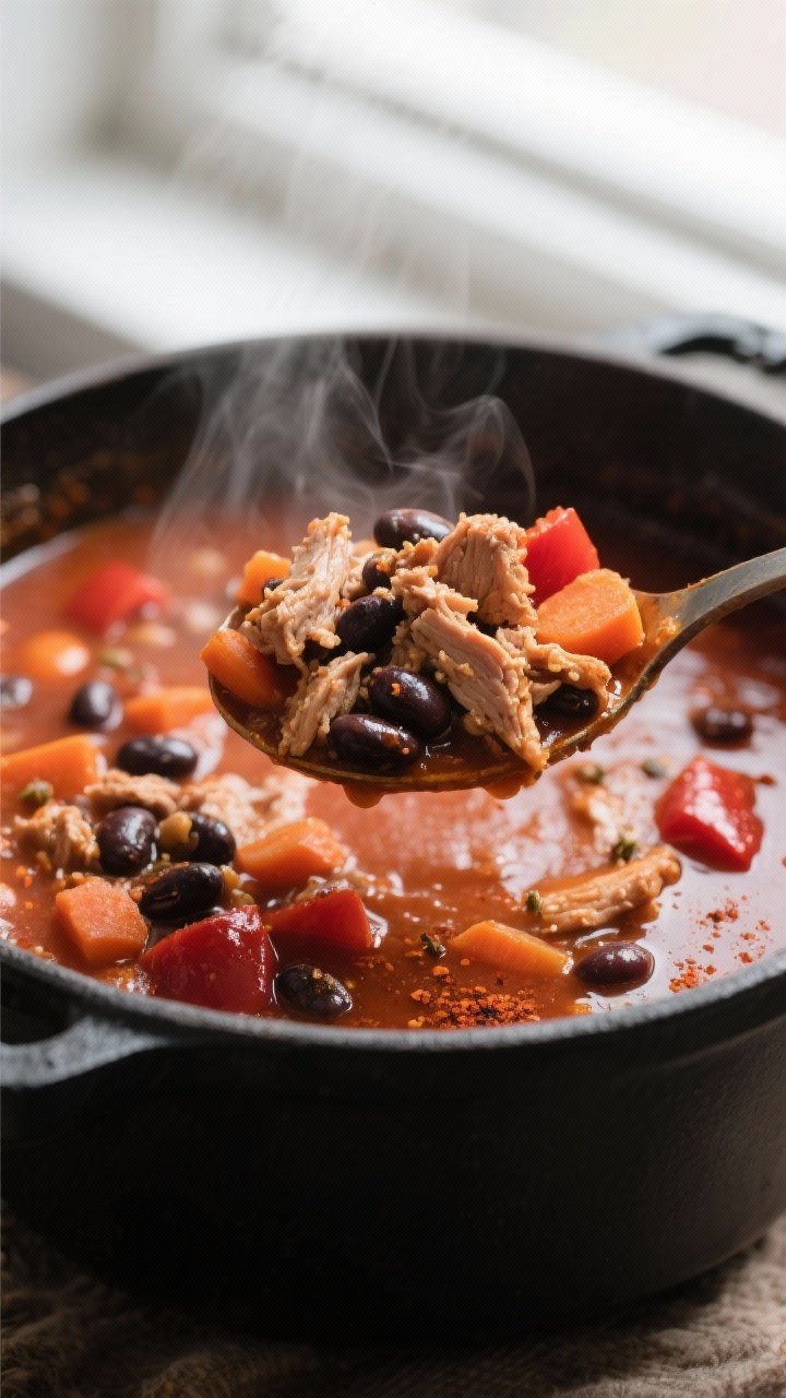 Close-up detail: A ladle lifting hearty cooked turkey chili from a matte black Dutch oven during the