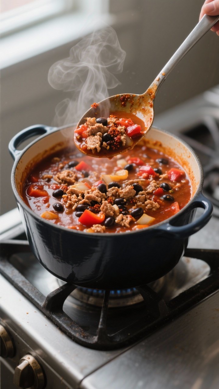 Close-up detail: A ladle lifting simmering lean turkey chili from a Dutch oven, showing glossy, thic