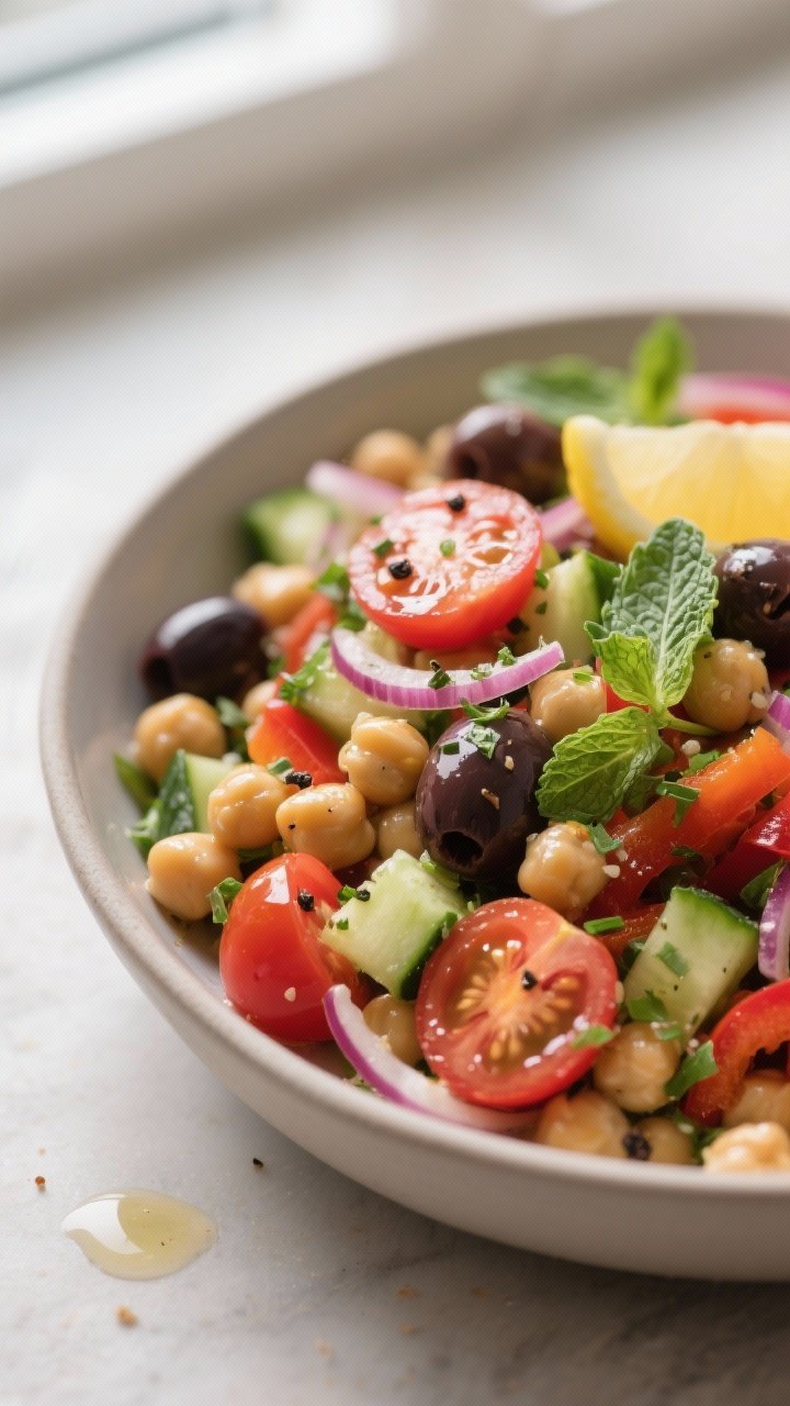 Close-up detail: A prepared Mediterranean Chickpea Salad mixture just after tossing—gleaming chick