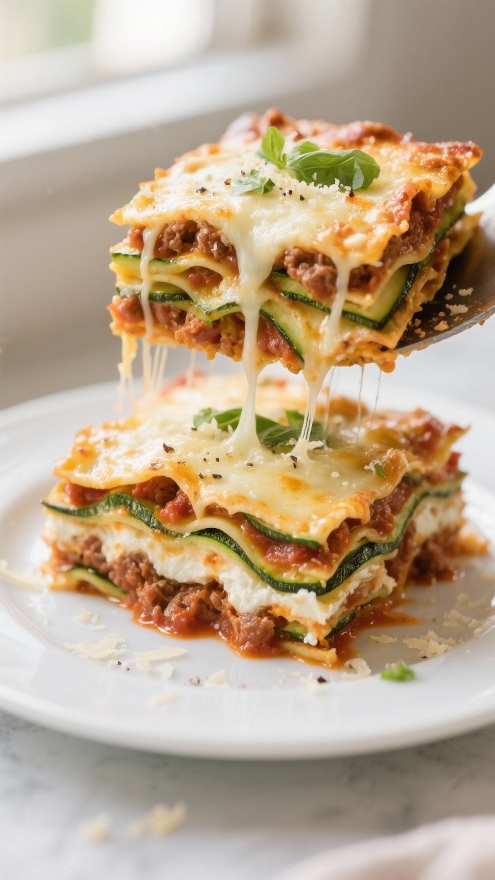 Close-up detail: A slice of low-carb zucchini lasagna just cut and lifted from the pan, showing clea