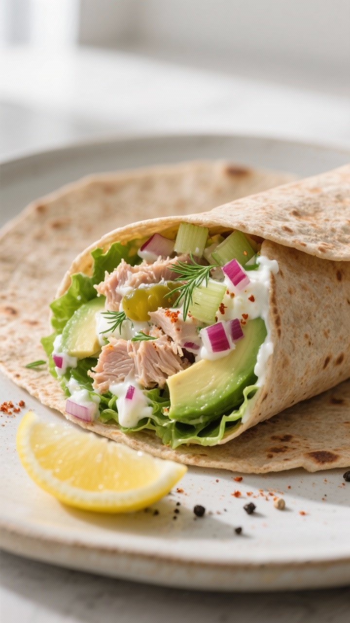 Close-up detail: A sliced tuna salad wrap showing the creamy Greek yogurt-Dijon dressing binding fla