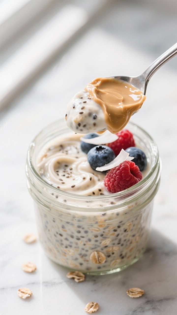 Close-up detail: A spoon scooping creamy overnight protein oats out of a glass jar, showing thick, p