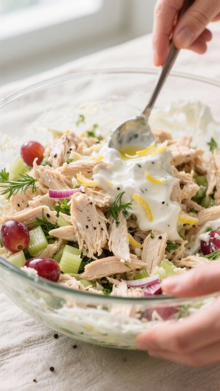 Close-up detail and process: Greek yogurt chicken salad being folded together in a wide glass mixing