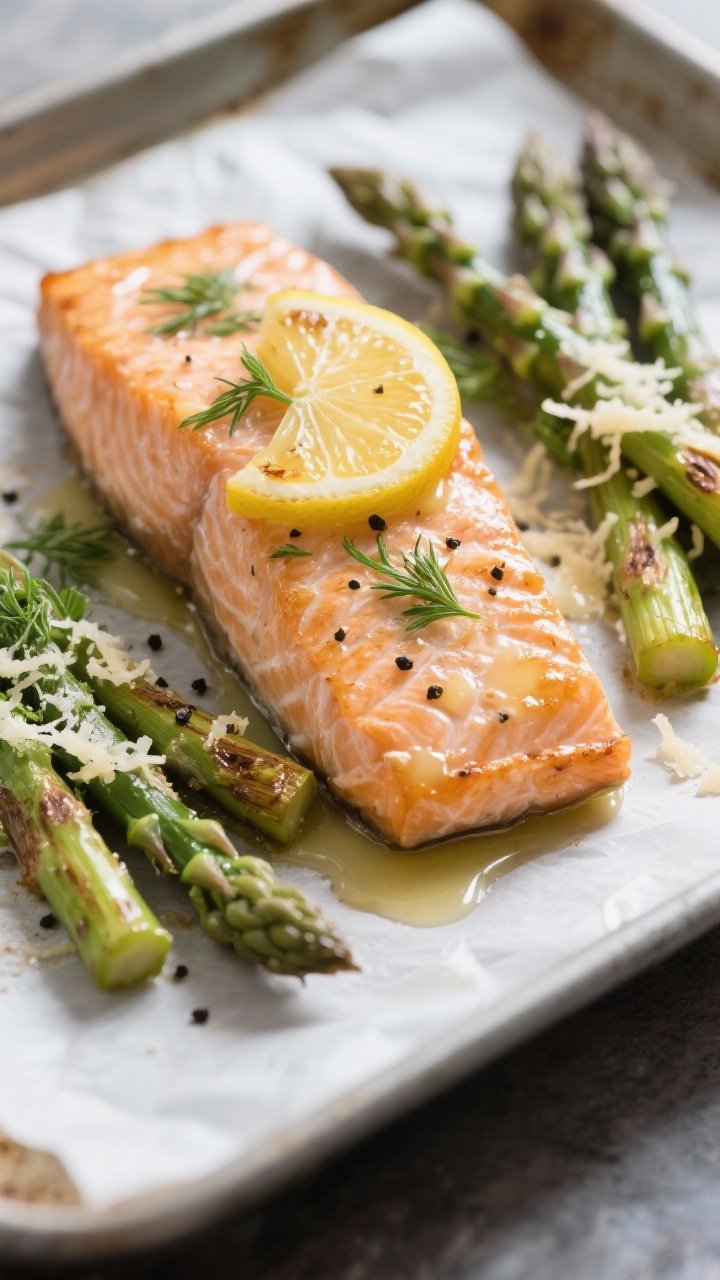 Close-up detail: Baked salmon fillet just out of the oven with lemon-garlic butter glistening and sl