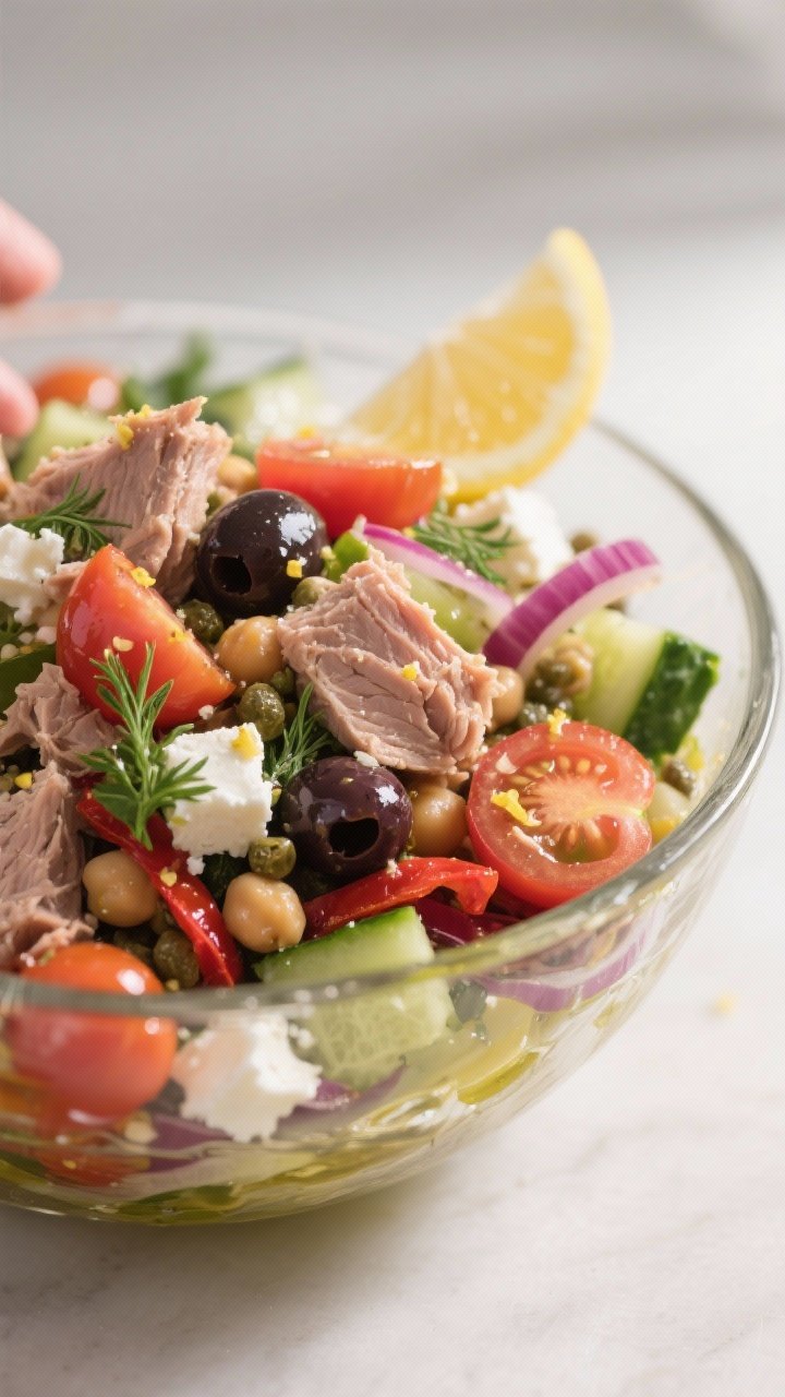 Close-up detail: Chunky Mediterranean tuna salad being gently tossed with a lemony olive oil dressin