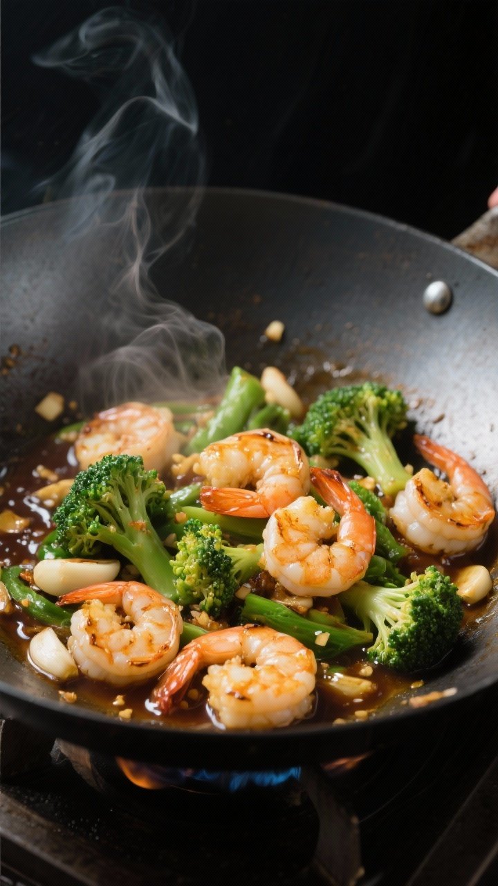 Close-up detail, cooking process: Garlic shrimp and broccoli stir-fry sizzling in a carbon-steel wok