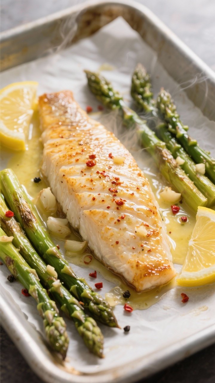 Close-up detail, cooking process: Golden, just-broiled tilapia fillets on a parchment-lined sheet pa