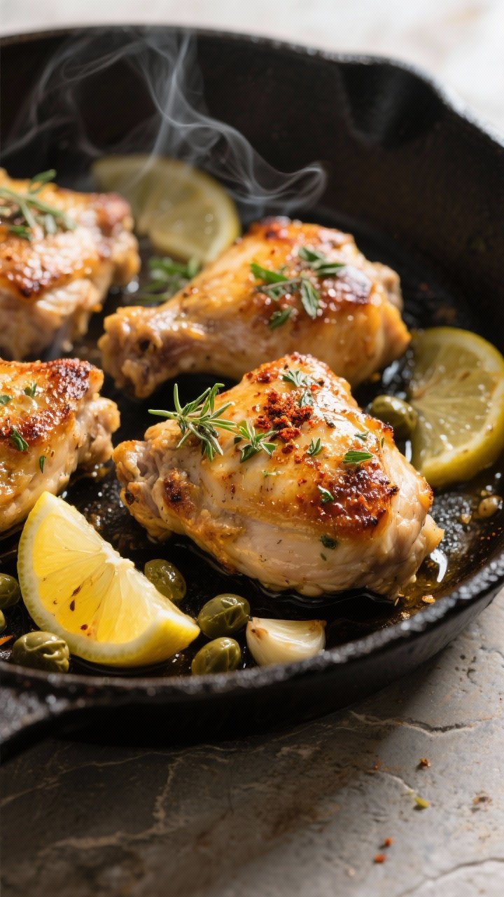 Close-up detail, cooking process: Juicy lemon-herb Mediterranean chicken thighs sizzling in a cast-i