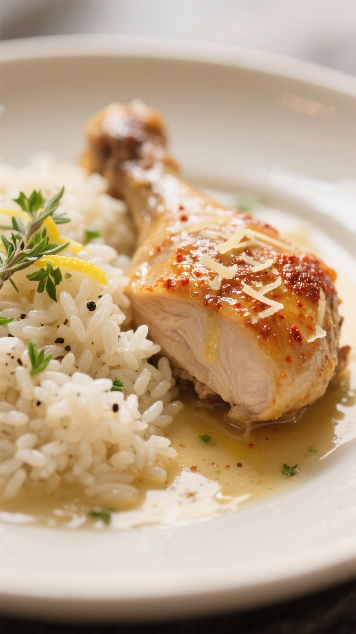 Close-up detail – creamy rice and pan sauce: Ultra-close macro of the velvety rice scooped beside 