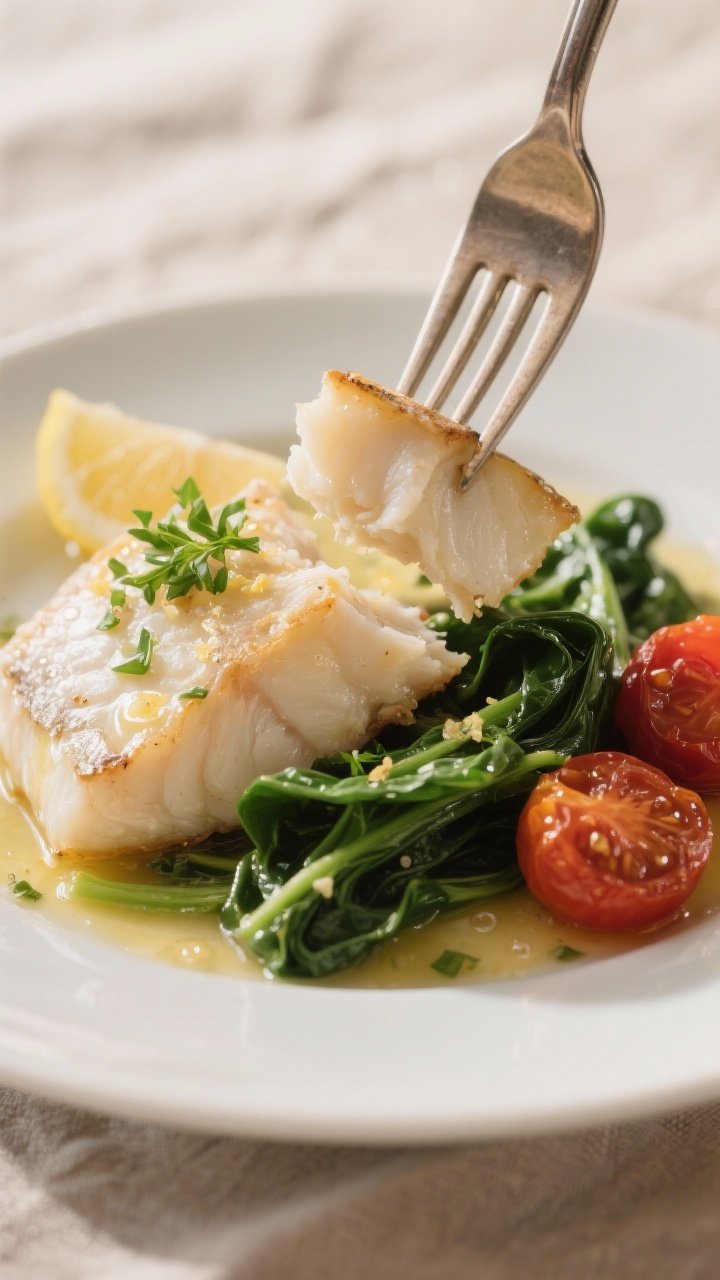 Close-up detail — Flaky cod with silky greens: Extreme close-up of a fork gently pulling apart a p