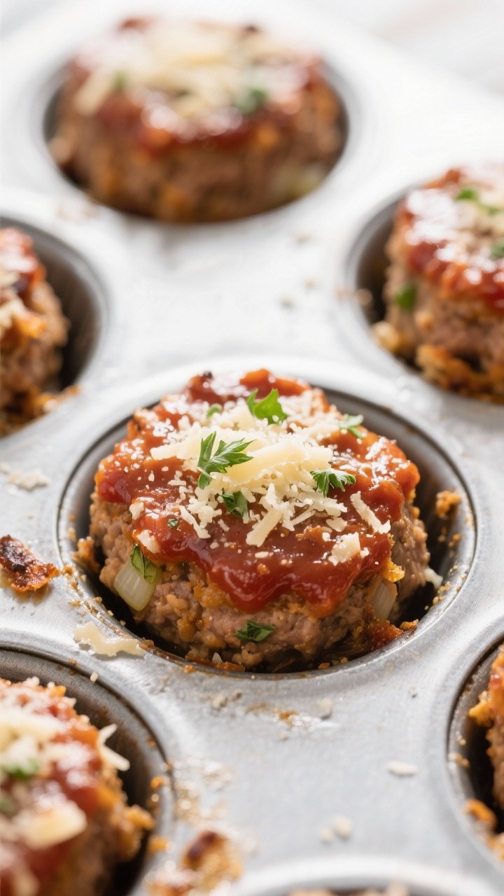 Close-up detail: Garlic Parmesan turkey meatloaf minis just out of the oven in a muffin tin, edges c